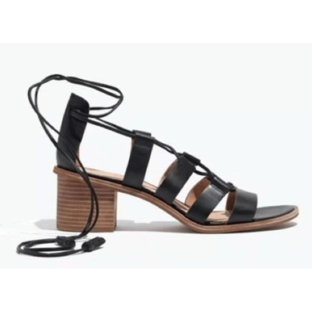 Madewell Daniela Lace Up Ankle Block Heel Sandal Black Leather Womens 7.5